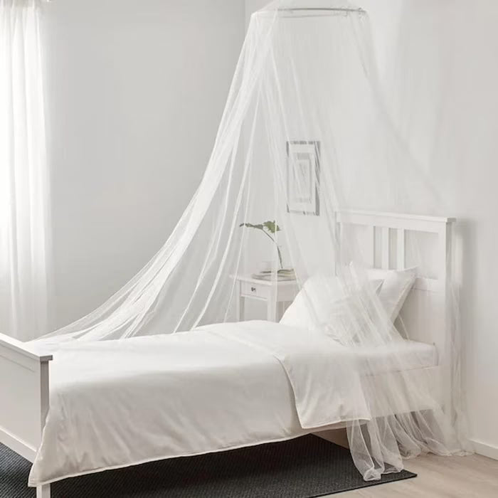IKEA BRYNE white net full-length view showing 56cm diameter canopy frame and polyester cover