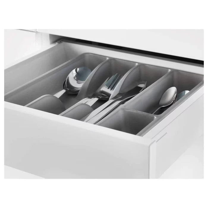 IKEA SMÄCKER grey cutlery tray inside kitchen drawer showing separated cutlery sections 31x26 cm