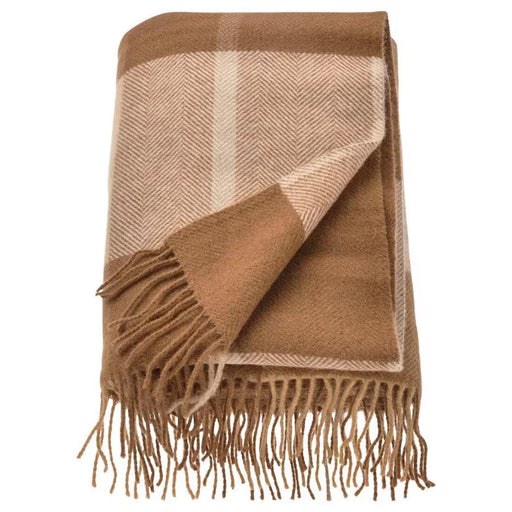 IKEA MYRULL light brown wool throw 130x170 cm folded on sofa showing check pattern #20563485