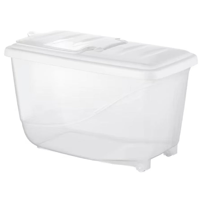 IKEA KRITISK white 16L dry food jar with lid closed, showing wheels on base and full container size #90225566