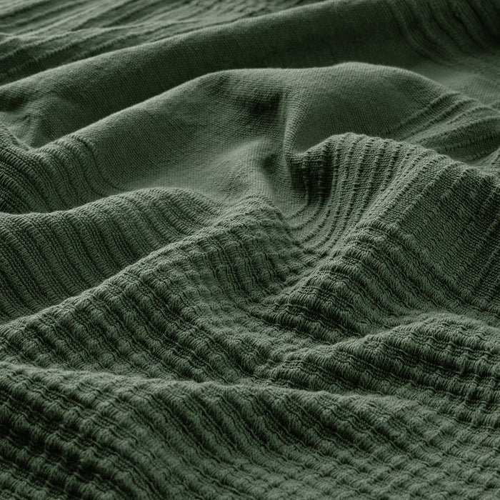IKEA INDIRA grey-green cotton bedspread close-up showing woven texture and folds