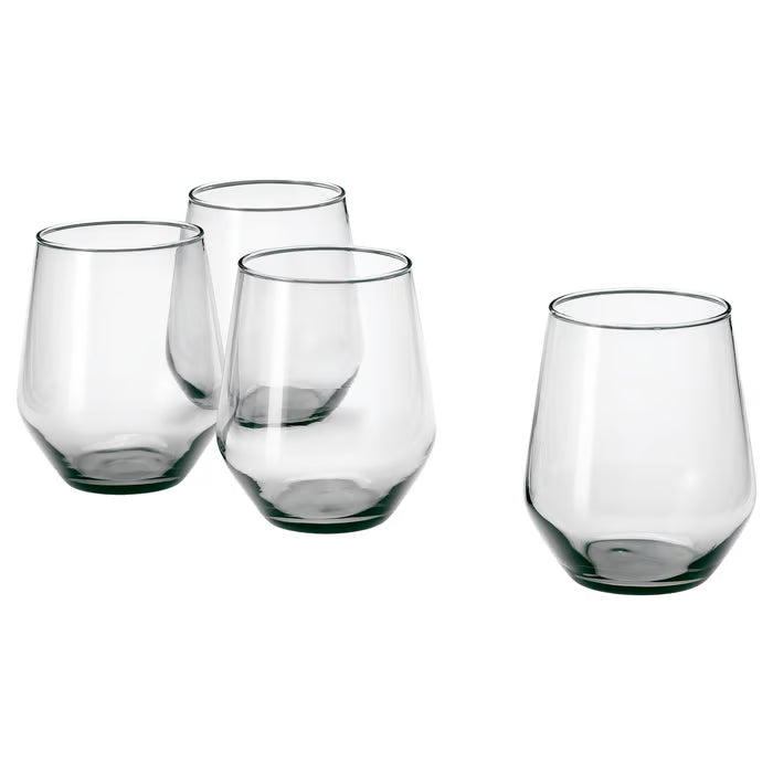  IKEA IVRIG grey clear glass set of 4 with squared bowl design, 45cl stemless glasses #80445229