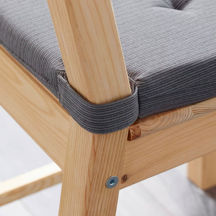Underside of IKEA JUSTINA grey chair pad showing hook and loop fastener straps on wooden chair