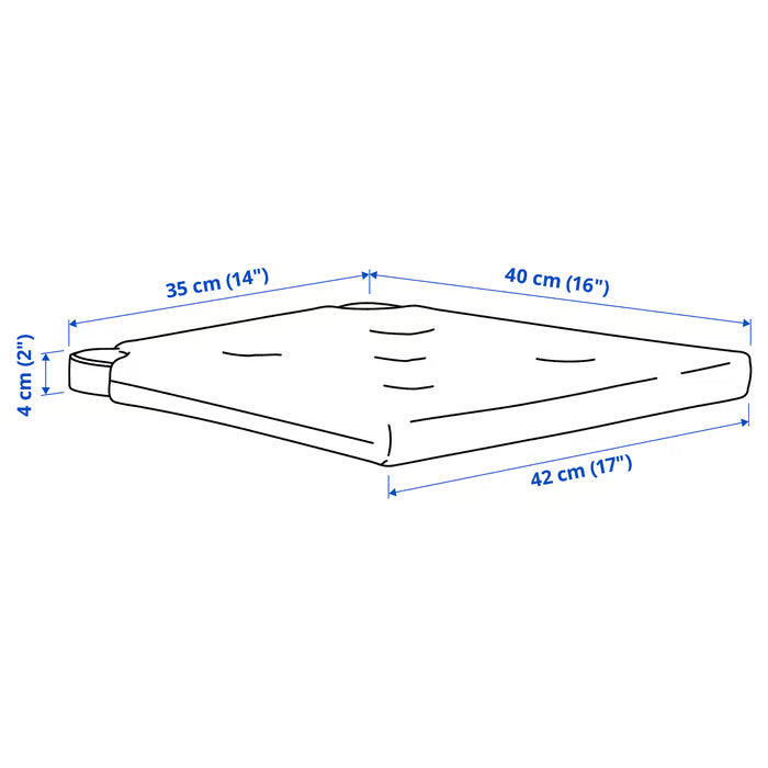 Measurement illustration for IKEA JUSTINA chair pad showing width depth and thickness dimensions