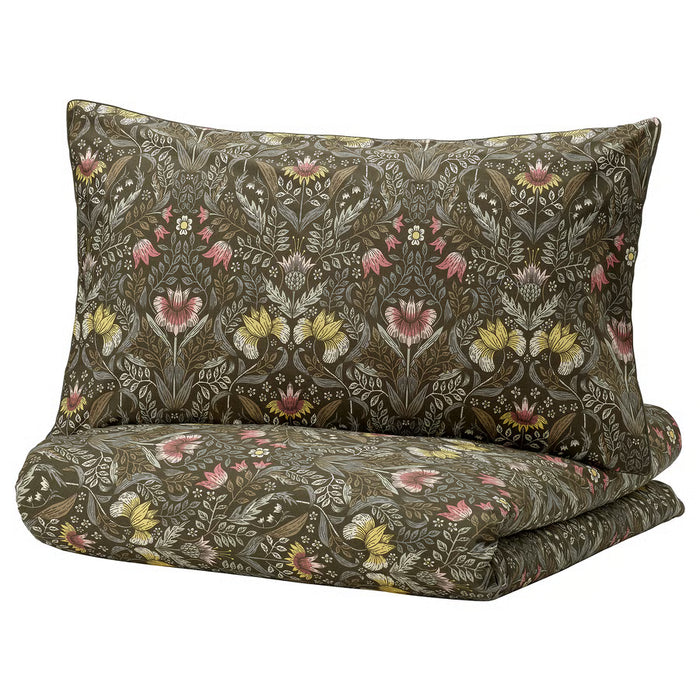 IKEA KÄRRDUNÖRT duvet cover and pillowcase dark green floral pattern set #20536326