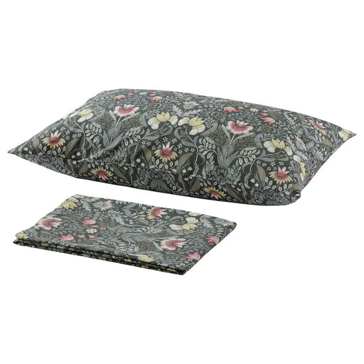 IKEA KÄRRDUNÖRT flat sheet and pillowcase set in dark green and multicolor-60576283