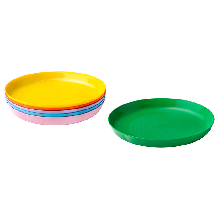 IKEA KALAS kids plates set of 6 stacked in mixed colours yellow orange blue pink green durable plastic #80620280