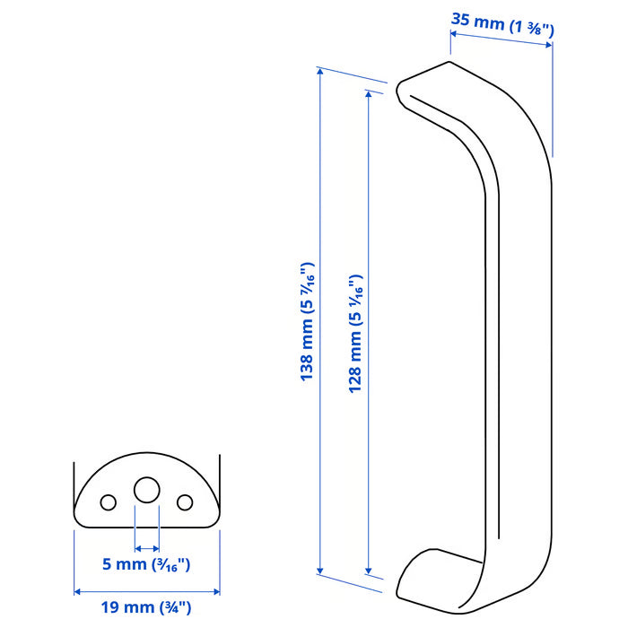  IKEA KALERUM handle technical illustration showing dimensions hole spacing and depth measurements