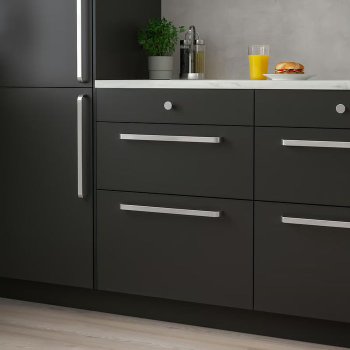 IKEA KALERUM handle installed on dark kitchen cabinets modern interior