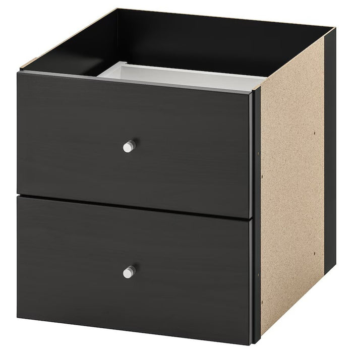 A black two-drawer insert designed for IKEA KALLAX shelving units, featuring a modern, sleek design with small silver knobs centered on each drawer. The top drawer is slightly open, revealing a white interior, highlighting its functionality and storage capacity. The side panels are made of a light-colored particle board, complementing the black-brown finish for a contemporary home or office setup.-30351888