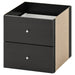 A black two-drawer insert designed for IKEA KALLAX shelving units, featuring a modern, sleek design with small silver knobs centered on each drawer. The top drawer is slightly open, revealing a white interior, highlighting its functionality and storage capacity. The side panels are made of a light-colored particle board, complementing the black-brown finish for a contemporary home or office setup.-30351888