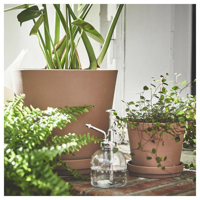 IKEA VATTENKRASSE Watering can, pale pink/gold-colour0.9 l with KLARBÄR Plant pot with saucer, in/outdoor brown, 12 cm