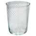 Clear glass tumbler with textured design on a white background
