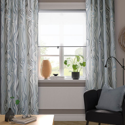 Digital Shoppy IKEA KLIPPNEJLIKA curtains, white and blue design, hanging in a modern living room. 00568808