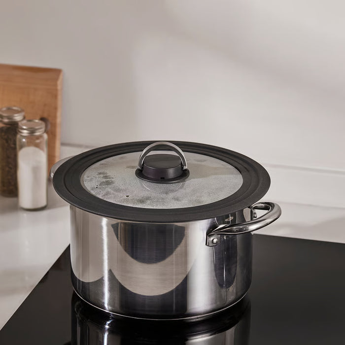 IKEA KLOCKREN lid on stainless steel pot, glass lid fits multiple pot sizes