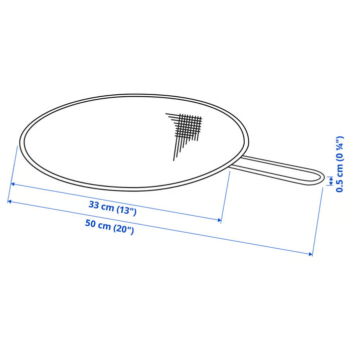IKEA KLOCKREN splatter screen dimension illustration showing 33cm diameter and 50cm handle length