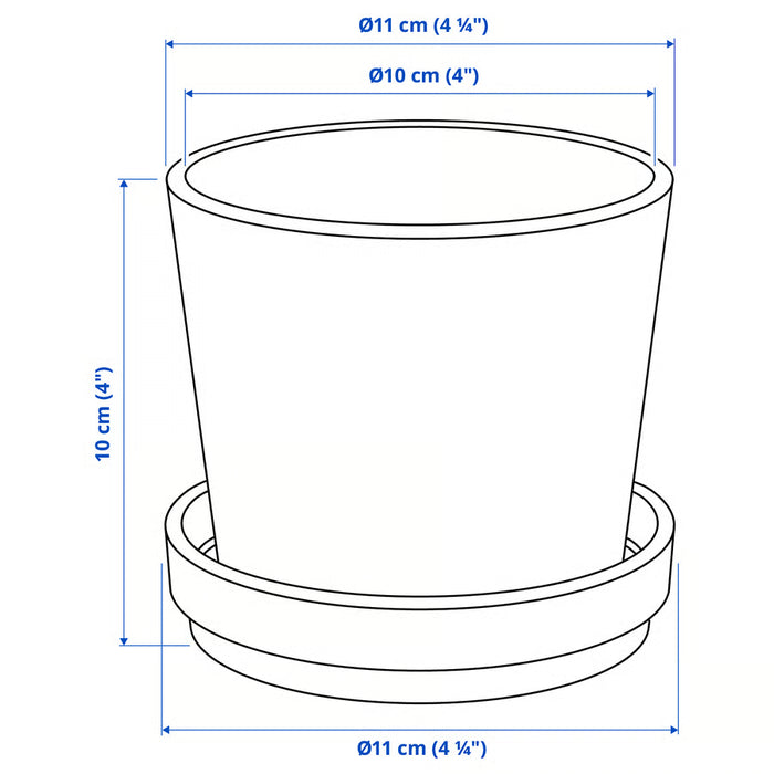 Measurement illustration of IKEA KLOTLÖNN plant pot with saucer, 9cm