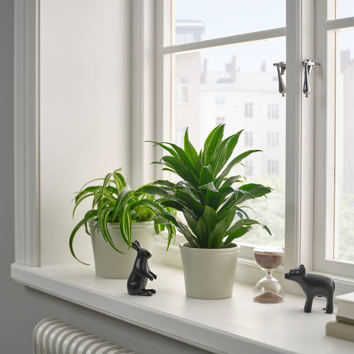 IKEA KÖRSBÄRSBJÖRK grey-beige plant pots in multiple sizes on a windowsill with green plants and decor
