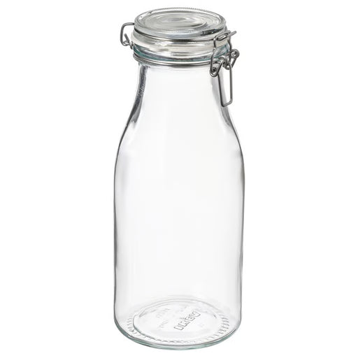 IKEA KORKEN clear glass bottle jar with metal clamp lid and rubber seal front view empty #80541363