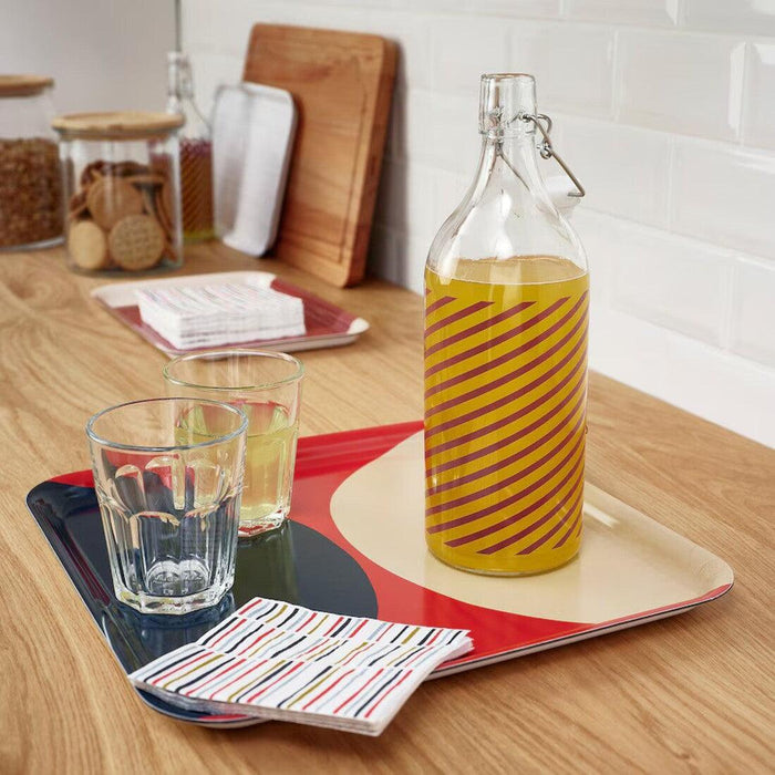 IKEA UPPFYLLD Funnel, 13 cm, bright yellow with KORKEN Bottle with stopper, clear glass striped/grey-pink, 1 l (34 oz)