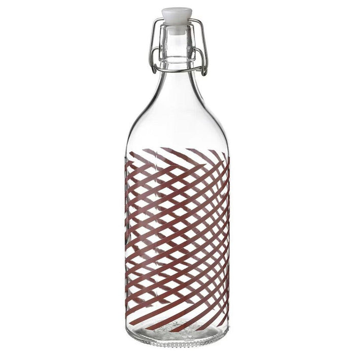 IKEA UPPFYLLD Funnel, 13 cm, bright yellow with KORKEN Bottle with stopper, clear glass striped/grey-pink, 1 l (34 oz)