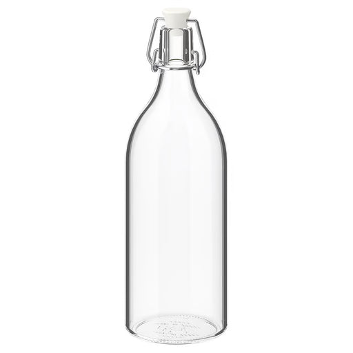 IKEA KORKEN clear glass bottle with stainless steel clamp and white stopper 1 litre cylindrical shape #00213558