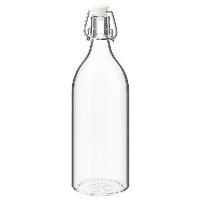 IKEA KORKEN clear glass bottle with stainless steel clamp and white stopper 1 litre cylindrical shape #00213558