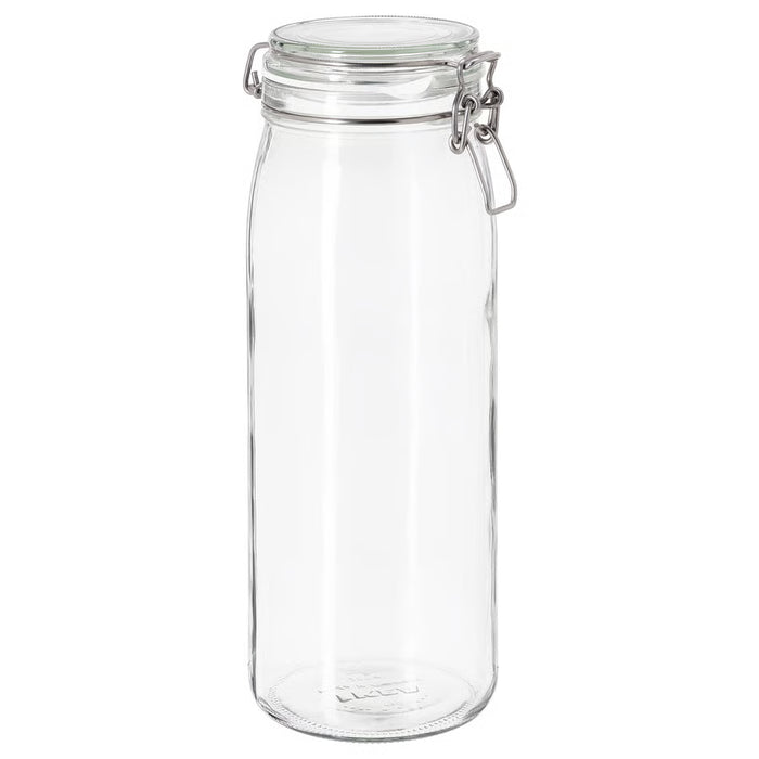 IKEA KORKEN clear glass jar with airtight metal clasp lid, 2L, front view on white background #10213548