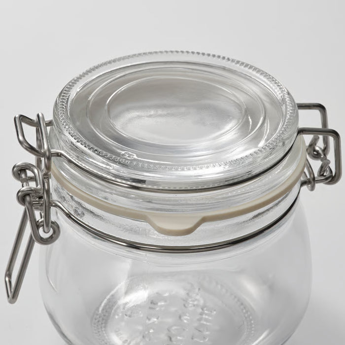 Close-up of IKEA KORKEN clear glass jar with secure metal clasp lid and rubber airtight gasket