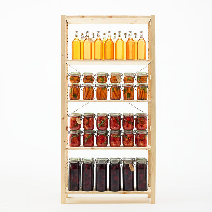 IKEA KORKEN glass jars with pickled foods and bottles arranged on a wooden shelf