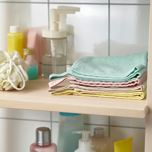 IKEA KRAMA multicolour washcloths folded stack showing pastel colour assortment close-up