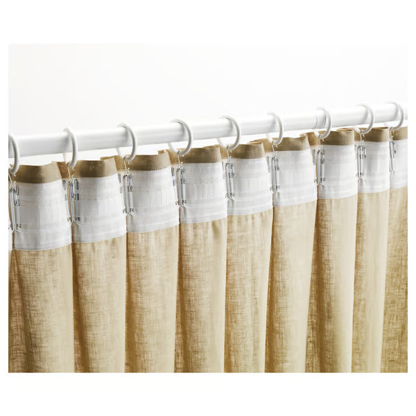 IKEA KRONILL white heading tape in use on curtain rod showing pleated folds and hanging loops