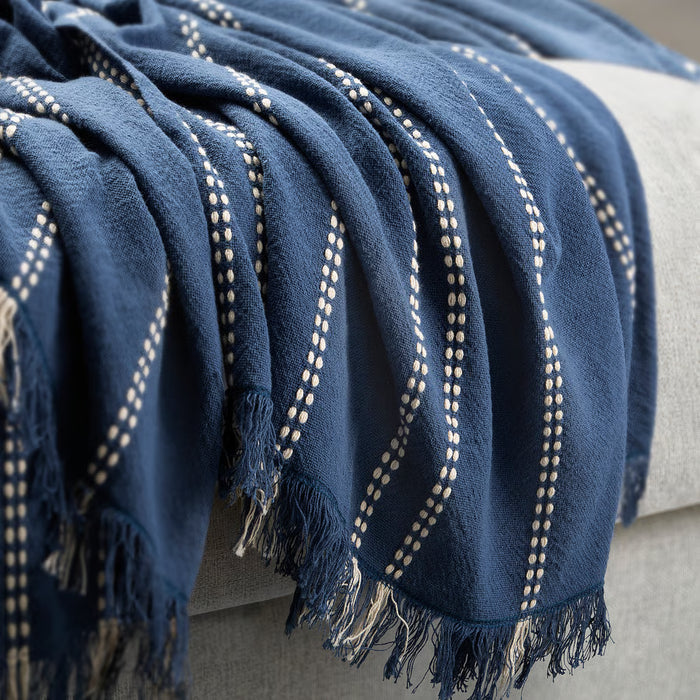  IKEA KRUTBRÄNNARE blue throw draped close-up showing dobby stripe texture and decorative fringe detail