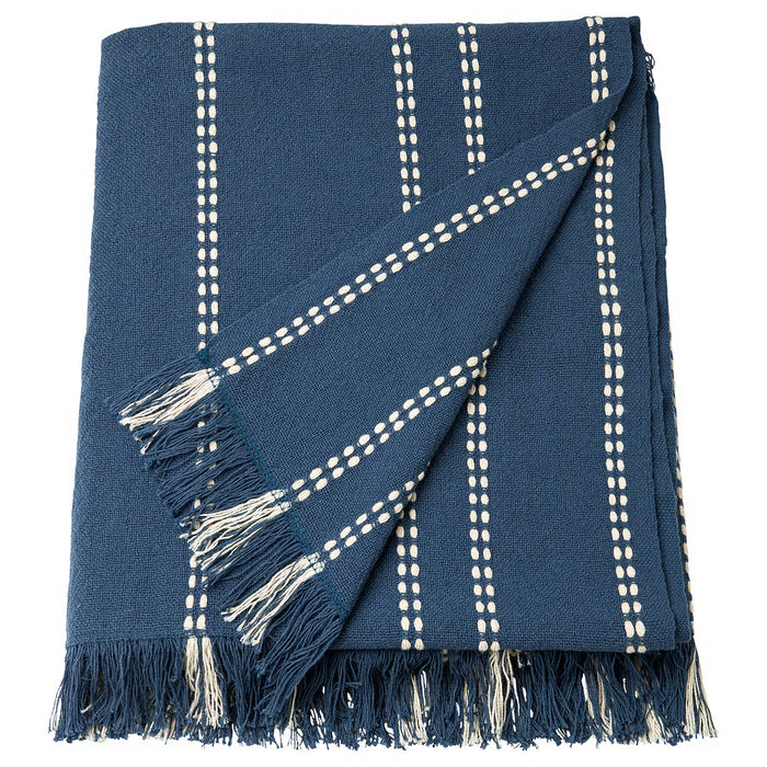  IKEA KRUTBRÄNNARE blue off-white stripe cotton throw with fringe edges flat lay product view #20620278