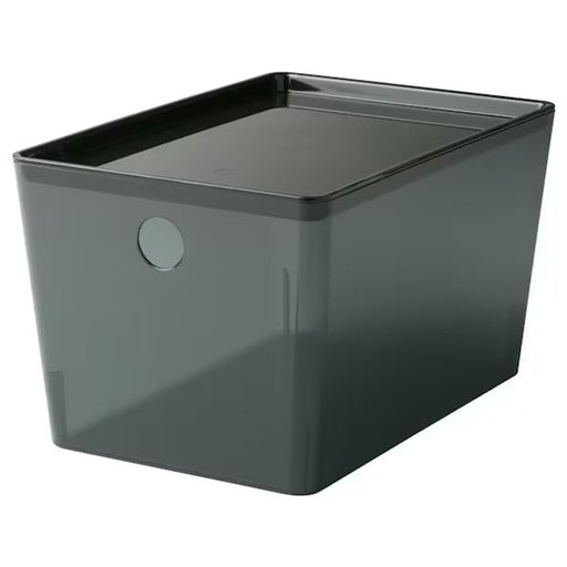 A transparent plastic storage box with a lid from IKEA, perfect for storing small items like clothing accessories, toys, or office supplies.