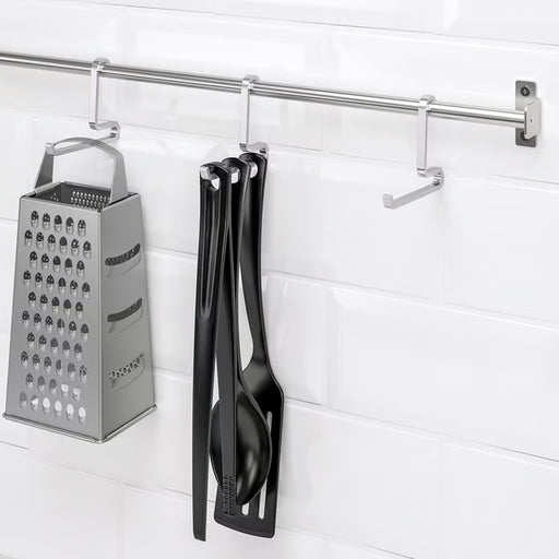 IKEA KUNGSFORS stainless steel hook on a KUNGSFORS rail holding multiple kitchen utensils

