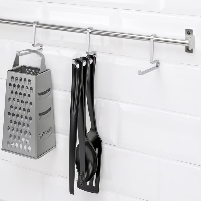 IKEA KUNGSFORS stainless steel hook on a KUNGSFORS rail holding multiple kitchen utensils


