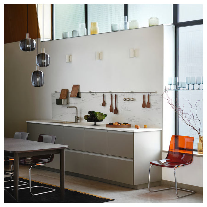 IKEA KUNGSFORS stainless steel rail with S-hooks holding wooden tools and jute bag on wooden wall