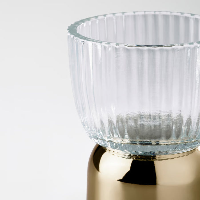 IKEA KUNGSTÄRNA gold-colour tealight holder with ribbed glass, close view of finish and design