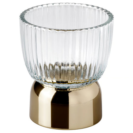 IKEA KUNGSTÄRNA tealight holder clear ribbed glass with gold-colour body, 8cm, front view #80634456