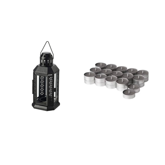IKEA ENRUM Lantern for Tealight, in/Outdoor, Black, 22 cm (8 ¾") with tealight candle 30 pack.