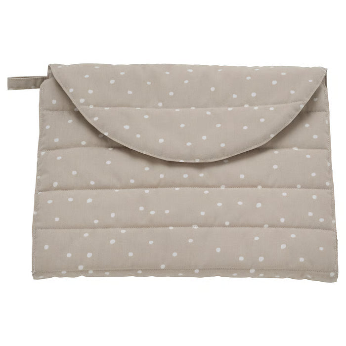 IKEA LEN babycare mat beige dot pattern foldable 70x35cm with mesh pockets on white background #80625107