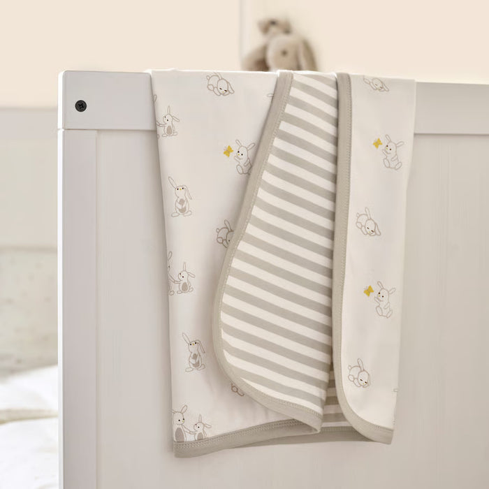 IKEA LEN baby blanket stripe side shown unfolded in bright nursery setting