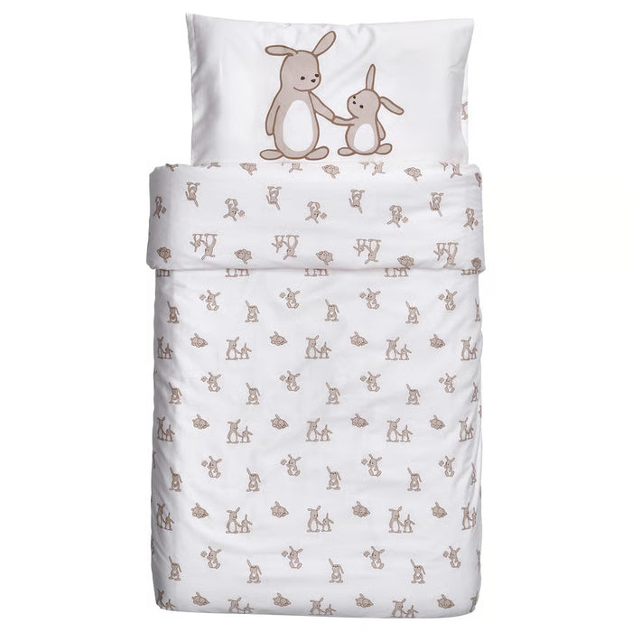 IKEA LEN white baby bedding with bunny print showing duvet cover and pillowcase together folded