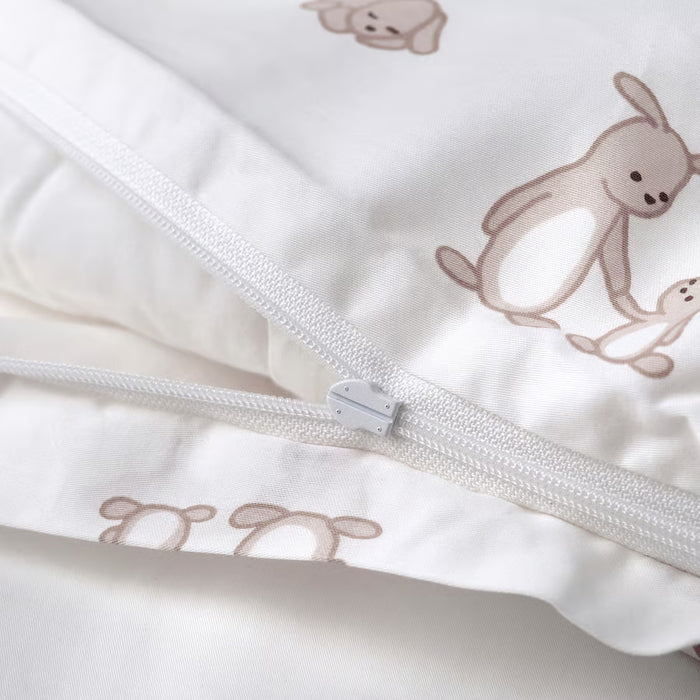  IKEA LEN duvet cover bunny print detail showing beige rabbit pattern on white cotton fabric
