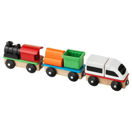 IKEA LILLABO 3-piece wooden train set colourful locomotive and cargo cars on wooden tracks #60320094