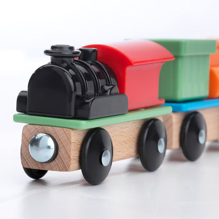 IKEA LILLABO 3-piece train set black engine with bright colourful cars on light wooden tracks