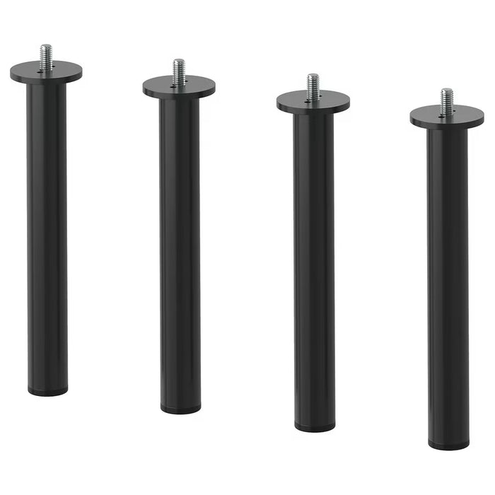 Four black cylindrical metal legs with screws on a white background