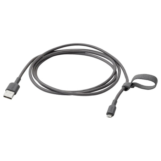  IKEA LILLHULT USB-A to USB Micro cable dark grey 1.5m braided textile cord with elastic band #60527594