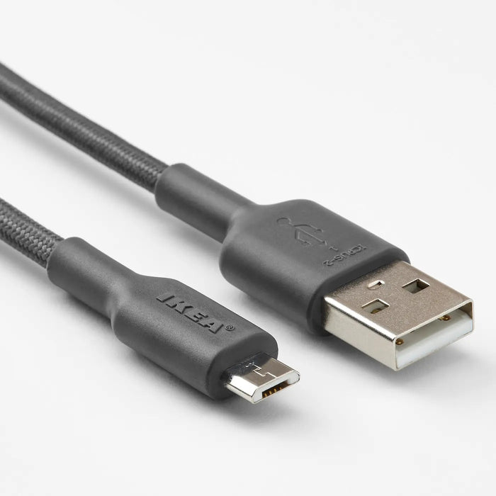  IKEA LILLHULT dark grey USB Micro cable rubber connector head close-up showing flexibility